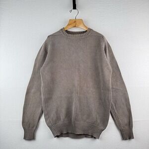 90's Vtg Land's End Sweater Men L Tall Gray Tan Crew Chunky Knit Cotton Made USA